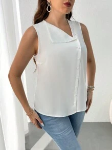 Celure Plus Size Satin Collar Asymmetrical Plain Shirt - White - View 3
