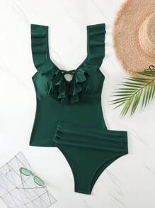 SHEIN Swim Zomerse effen kleur geplooide tankini badmode met driehoekige onderkant 2-delige set