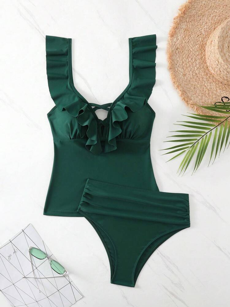 Summer Solid Color Ruffled Trim Tankini Swimwear With Triangle Bottom 2pcs Set