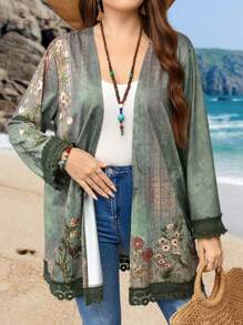 EMERY ROSE Chaqueta De Talla Grande Con Cordones, Estampado Floral Con Espalda Abierta