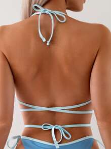 SHEIN Swim Contrast Trim Halter Strap Bikini Set With Halter Ribbon, Two-Piece Bikini Set Summer Beach - Blue - View 3