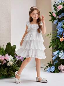 SHEIN Young Girl Square Neckline, Flutter Sleeves, Ruffle Trim Decorated Multi-Layered Cake Dress Dress - White - View 3