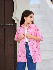 SHEIN 適合學校和日常穿著的tween女孩鬆身可愛卡通圖案落肩衫,襯衫領 - 紫色 - 查看 2