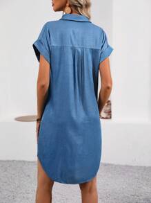 Wandoria Women's Solid Color Batwing Sleeve Front Buttoned Dress - Blue - View 3