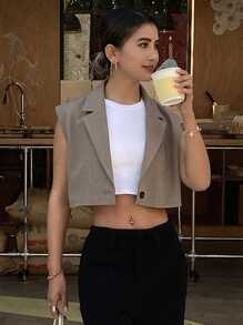 Livesso 经典休闲纯色翻领无袖短款女士西装外套，春夏商务装 - 咖啡棕 - 查看 3