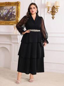 Modelyn Plus Size Women's Polka Dot Contrast Mesh Bishop Sleeve Long Summer Dress Long Evening Dresses