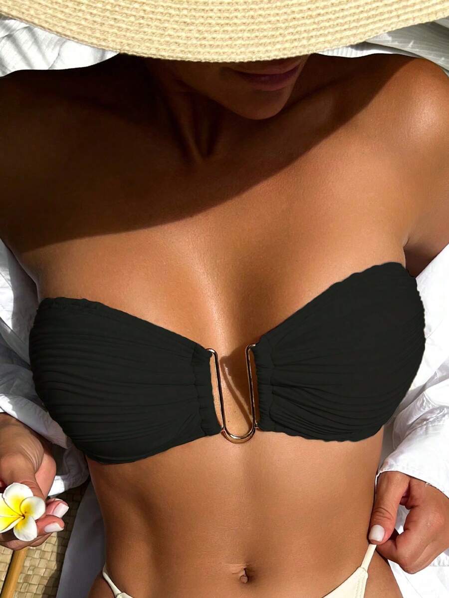 SHEIN Swim Tope De Bikini Sin Tirantes De Color Sólido Para Mujer - Negro - Ver 1