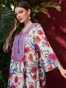 Al Najma 女款花朵印花喇叭袖阿拉伯長袍連身裙 - 彩色 - 查看 7