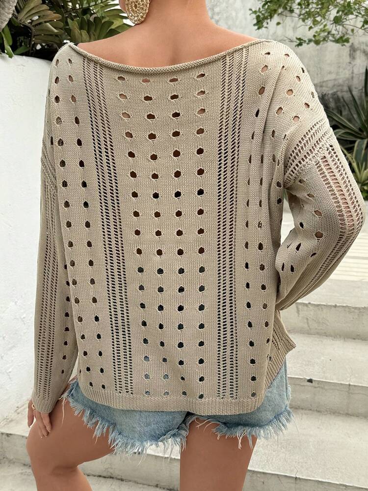 Women's Hollow Out Knitted Drop Shoulder Sweater Fall Winter