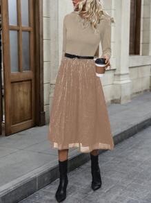 Chiquease Patchwork Sequin Decor Waist-Hugging Long Sleeve Dress - Champagne - View 3