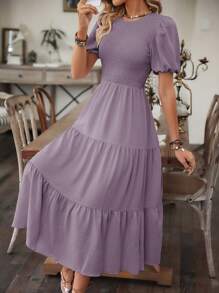 Breezaya 女士纯色泡泡袖裹身裙超长度假海滩装 - 淺灰紫 - 查看 3