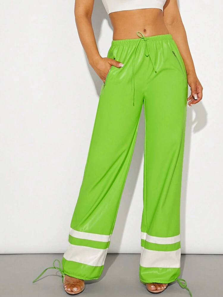 Striped PU Leather Drawstring Pants