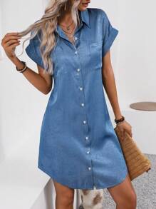 Wandoria Women's Solid Color Batwing Sleeve Front Buttoned Dress - Blue - View 6