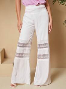 SHEIN Tall Ladies' Lace Spliced Flare Pants - White - View 3