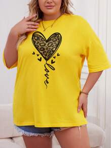 INAWLY 大码豹纹印花心形和字母印花落肩夏季 T 恤，图案猎豹印花 T 恤，女式上衣 - 黃色 - 查看 3