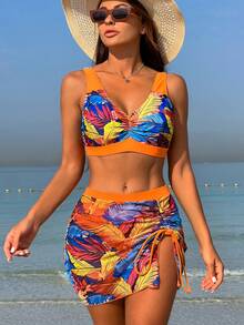 SHEIN Swim Two Pieces Plant Print Bikini Set, Bikini Set Swimwear With Cover Up Skirt Bathing Suit Beach Outfit Summer Vacation Summer Beach - Multicolor - View 3