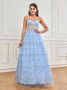 SHEIN Belle Ladies' Elegant Strapless 3d See Through Floral A-Line Ball Gown With Oversized Dress ForHolidayactivityEaster Music Festival Wedding Event Bijie PartyEvening Party Gown - Blue - View 4