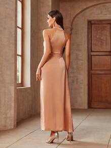 SHEIN Belle Vestido De Dama De Honor Sólido Con Corbata En El Cuello Y Raja En Los Muslos