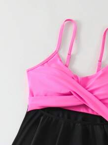 SHEIN Swim Women's Color Block Hollow Out Front Tankini With Spaghetti Straps Summer - Multicolor - View 6