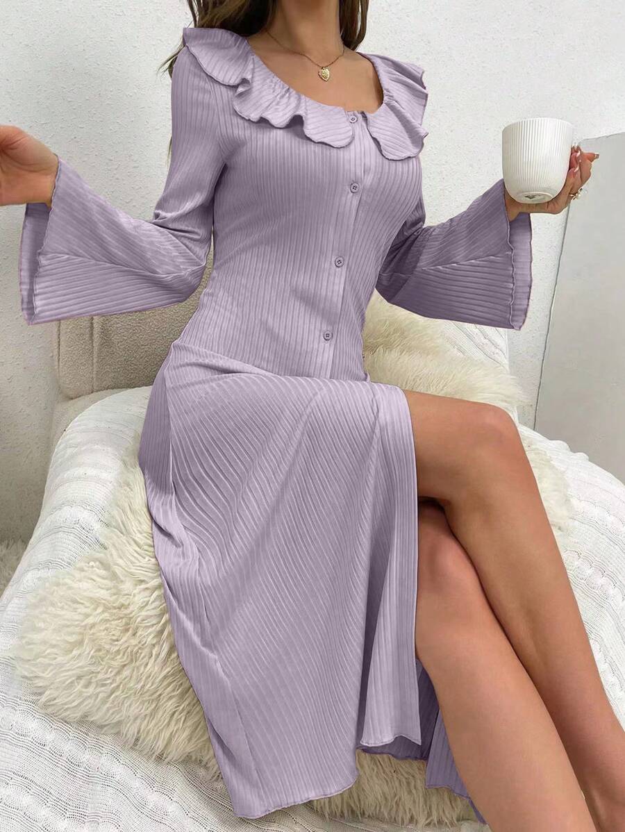 Ruffle Trimmed Button Front Sleep Dress Pajama Dress With Flared Sleeves - Purple - View 1