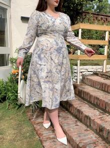 Dazy Plus Plus-size jurk met allover print en tailleband, ruches