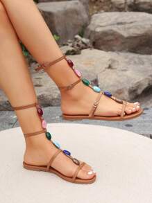Women's New Summer Elegant And Comfortable Buckle Strap Multicolor Pearl Beach Vacation Style Flat Sandals