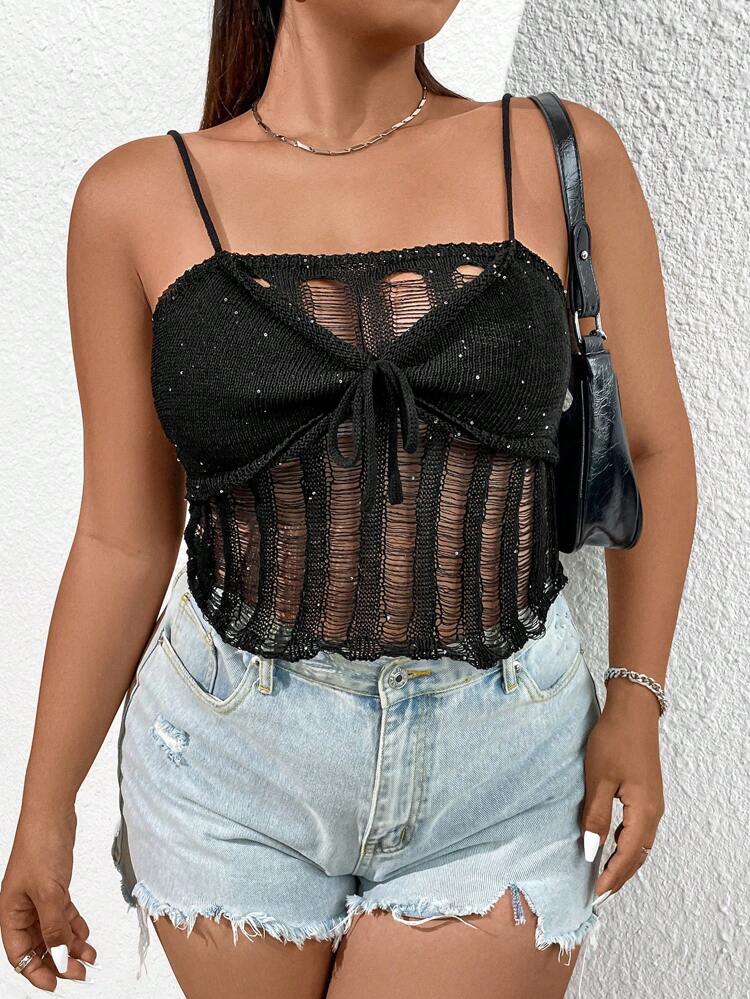 Plus Size Knitted Top With Hollow Out Details And Beaded Straps