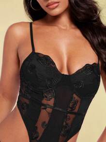 SHEIN BAE 音樂節方領蕾絲上衣，度假蕾絲泳裝連體裝，刺繡織物束腰上衣