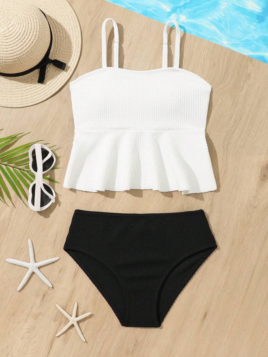 Bộ bikini băng tóc họa tiết khối màu Tween Girl - Đen và trắng - Xem 1