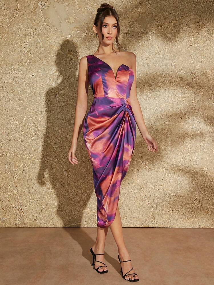 Tie Dye One Shoulder Pleated Slit Satin Dress