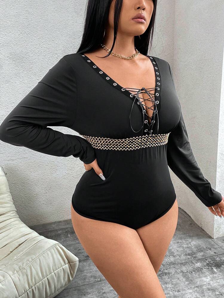 Plus Size Deep V-Neck Lace Up Floral Bodysuit Fall Cloth For Women