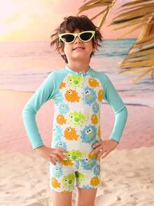 男童卡通印花泳裝套裝,包括防曬衣和短褲 - 淺藍色 - 查看 4