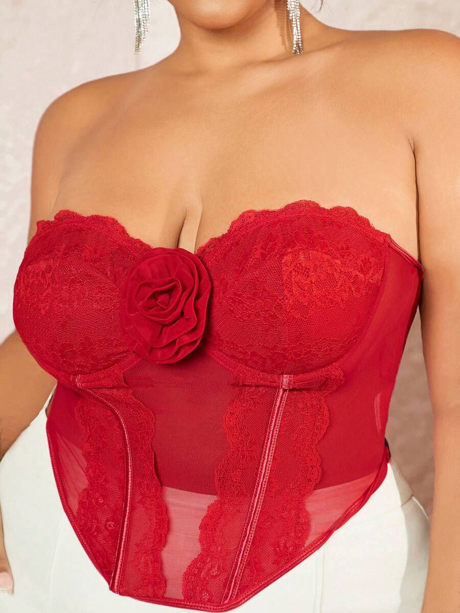 SHEIN BAE Rozmiar Plus Damski Romantyk Sznurówka Patchwork Bez ramiączek Biustonosz Z 3D Dekoracje kwiatowe - Czerwony - Zobacz 1