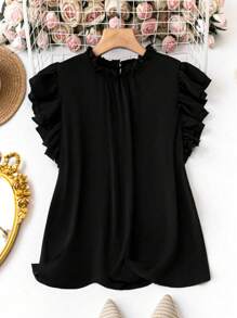 SHEIN Clasi Kích thước lớn Màu thuần Ruffle Cắt tỉa Áo sơ mi - màu đen - Xem 1