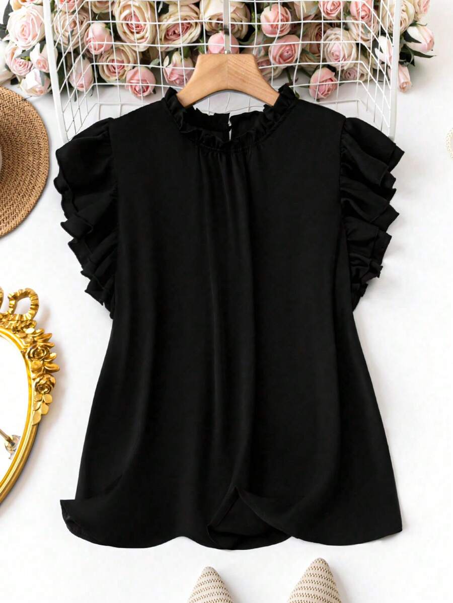 SHEIN Clasi Kích thước lớn Màu thuần Ruffle Cắt tỉa Áo sơ mi - màu đen - Xem 1