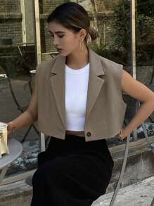 Livesso 经典休闲纯色翻领无袖短款女士西装外套，春夏商务装 - 咖啡棕 - 查看 1