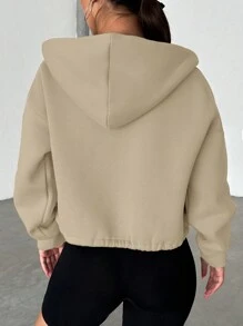 EURMUSE Drop Shoulder Drawstring Hem Zip Up Hoodie - Apricot - View 2