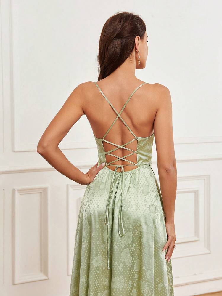 Elegant, Feminine, Romantic And Elegant Woman's Fresh Green Satin Jacquard Swing Collar Spaghetti Straps Back Cross Straps Thigh Slit High Waist A-Shaped Umbrella Hem Easter Wedding Season Bridesmaid Dress