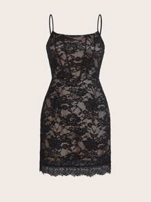 SHEIN Privé Women's Lace Fabric Spaghetti Strap Short Dresses,Bodycon Dress,Short Summer Dress,Sexy Dress,Short Summer Dress,Easter Dress,Black Dress,Romantic Elegance,Daily Commute