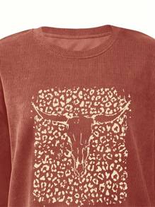 INAWLY 休闲落肩骷髅印花套头衫，长袖上衣 - 乾枯玫瑰色 - 查看 4