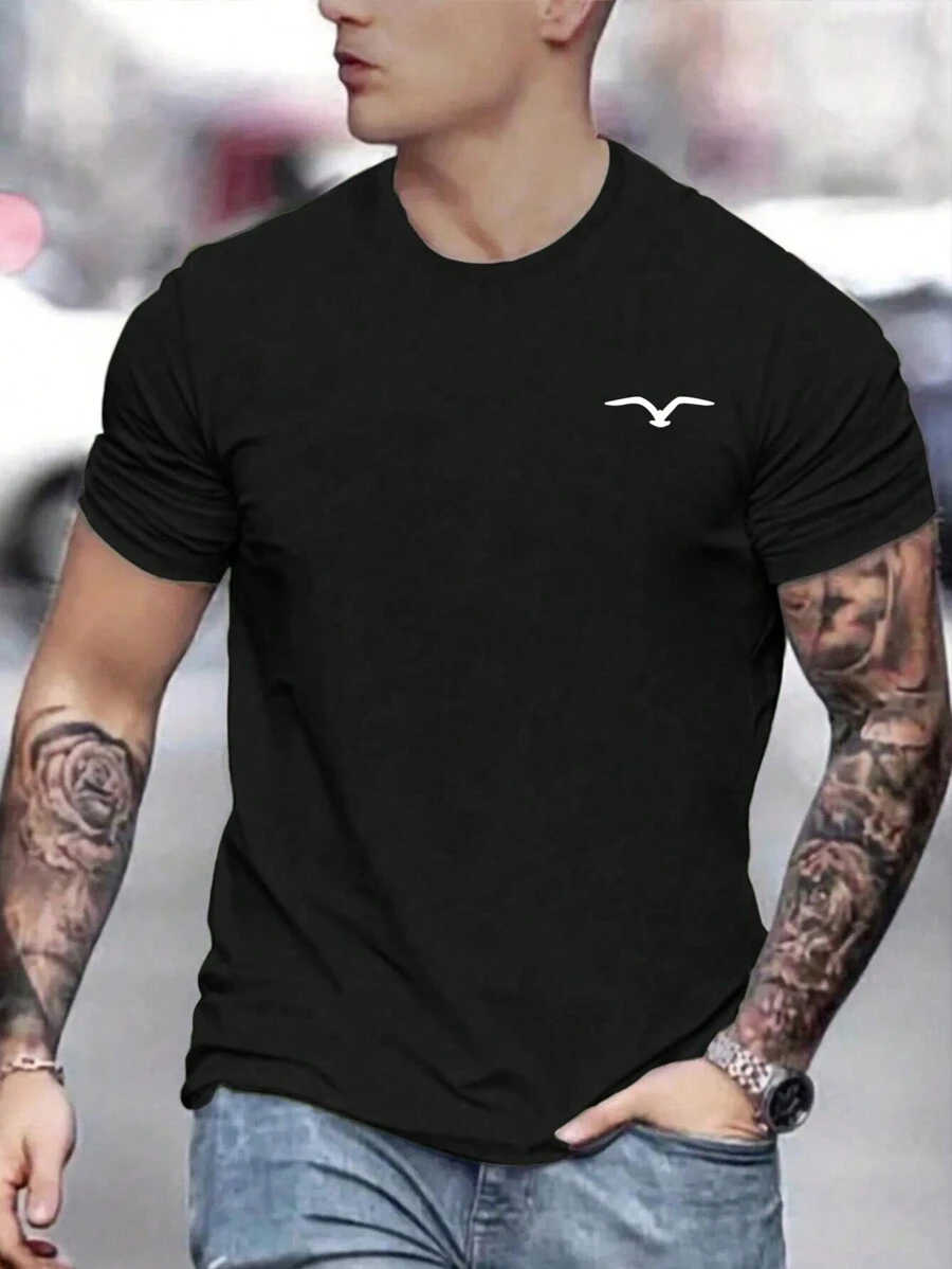 Men's Casual Seagull Print Short Sleeve T-Shirt, Summer - Black - View 1
