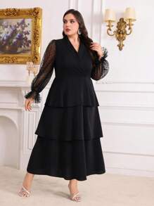 Modelyn Plus Size Women's Polka Dot Contrast Mesh Bishop Sleeve Long Summer Dress Long Evening Dresses