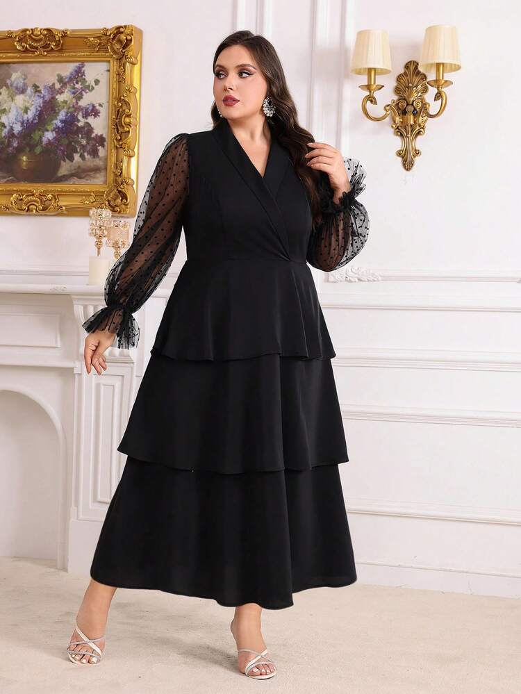 Plus Size Women's Polka Dot Contrast Mesh Bishop Sleeve Long Summer Dress Long Evening Dresses