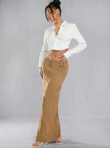 SHEIN Unity Chân váy Maxi xẻ tà cạp thấp - Màu be - Xem 3