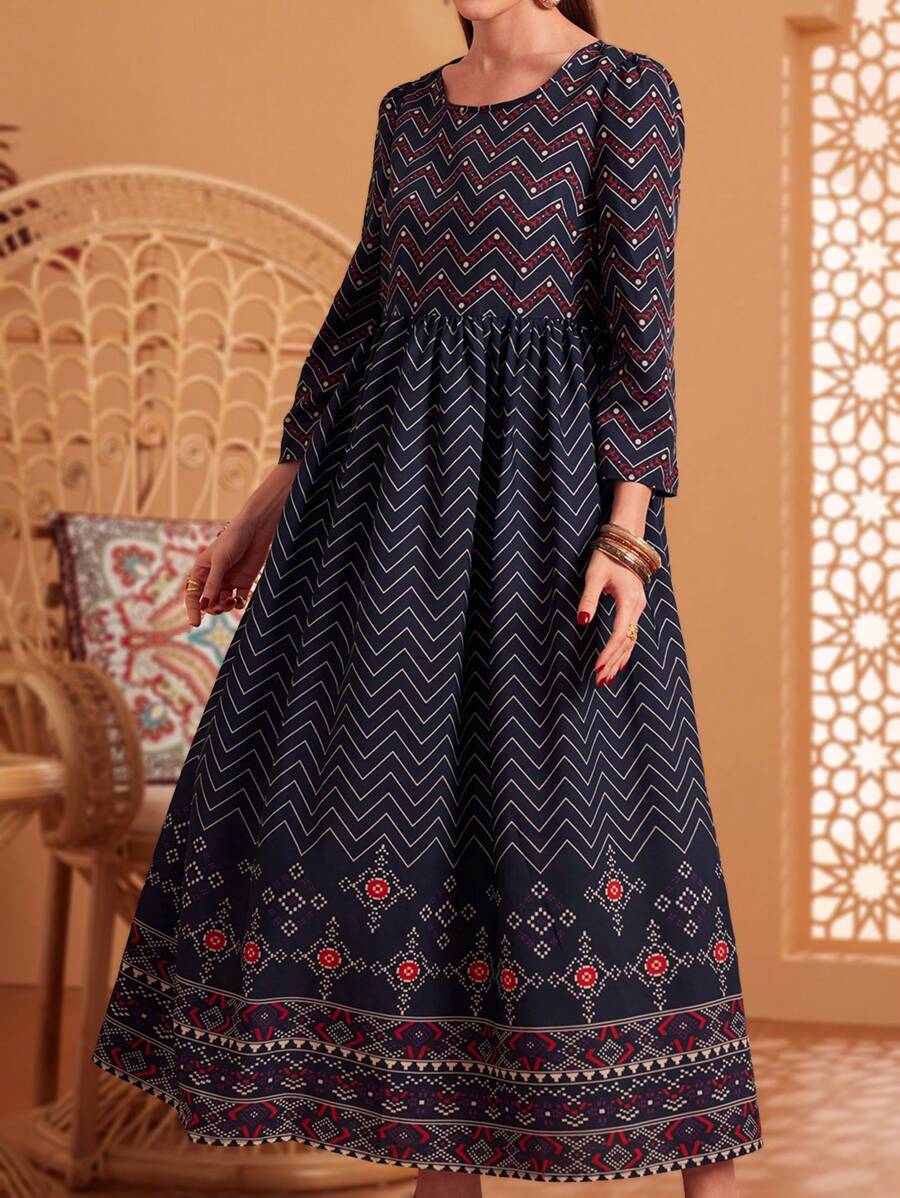 Seusyu Vestido De Patchwork Con Estampado Geométrico - Azul Marino - Ver 1