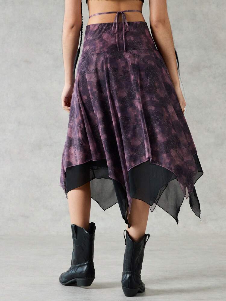 Women's Tie-Dye Flower Print Color Block Asymmetrical Hem Skirt