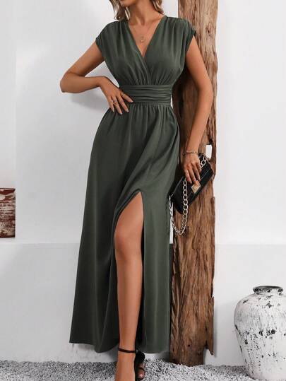 LanaWest Vestido largo de mujer con cuello en V, cintura fruncida y abertura en el bajo