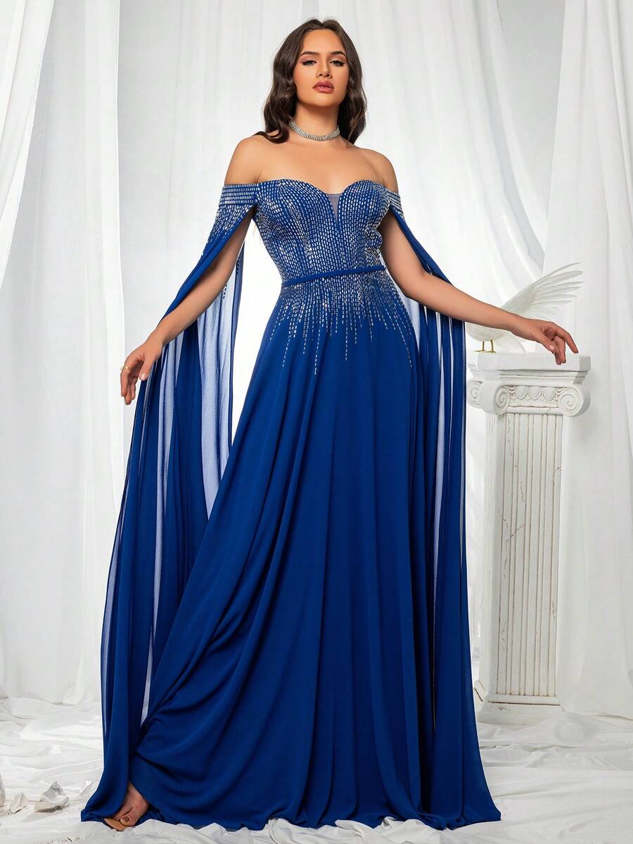 Elegant Off Shoulder Sequined Evening Party Dress - Royal Blue - View 1