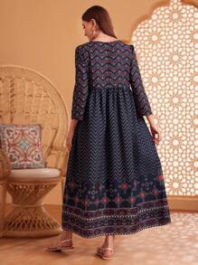 Seusyu Vestido De Patchwork Con Estampado Geométrico - Azul Marino - Ver 2