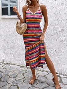 Breezaya Vestido Estilo Cami De Rayas Con Bloques De Color Y Abertura En El Muslo, Para Playa En Verano - Multicolor - Ver 3